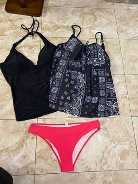 Women’s Black Tankini Top & Paisley Swim Top with Pink Bikini Bottom